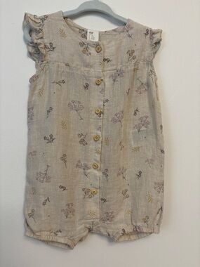 H&M Beige Floral Linen-Blend Baby Romper with Button Front